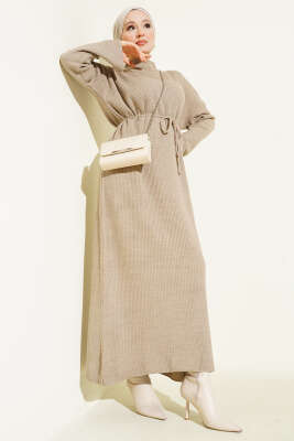 İp Kuşaklı Fitilli Triko Elbise Vizon - RAFİMİX