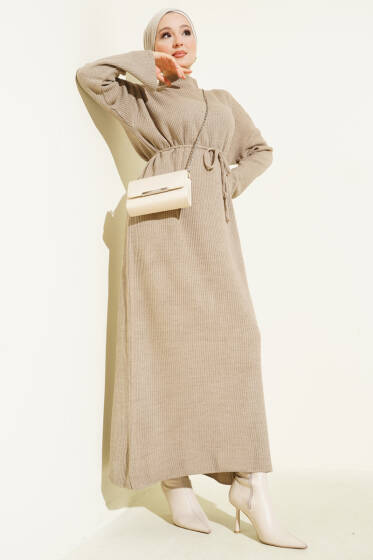 İp Kuşaklı Fitilli Triko Elbise Vizon - Elbise