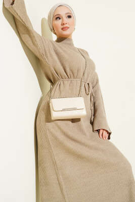 İp Kuşaklı Fitilli Triko Elbise Vizon - Elbise