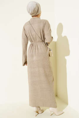 İp Kuşaklı Fitilli Triko Elbise Vizon - Elbise