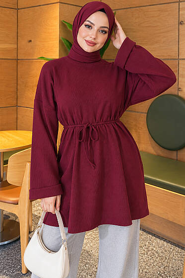İp Kuşaklı Fitilli Tunik Mürdüm - Tunik