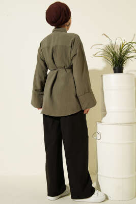 İp Kuşaklı Geniş Kollu Modal Gömlek Haki - Gömlek