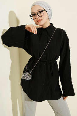 İp Kuşaklı Geniş Kollu Modal Gömlek Siyah - Gömlek