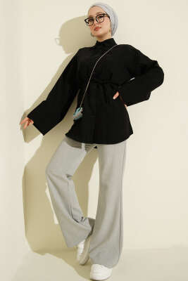 İp Kuşaklı Geniş Kollu Modal Gömlek Siyah - Gömlek