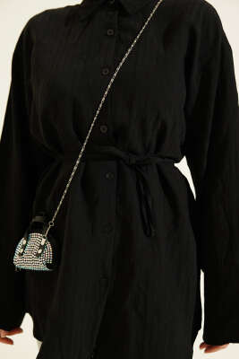 İp Kuşaklı Geniş Kollu Modal Gömlek Siyah - Gömlek