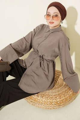İp Kuşaklı Geniş Kollu Modal Gömlek Vizon - DESTİNA