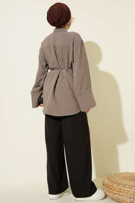 İp Kuşaklı Geniş Kollu Modal Gömlek Vizon - Gömlek