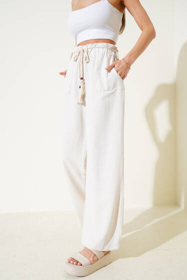 İp Kuşaklı Geniş Paça Keten Pantolon Bej - Kadın Giyim Modelleri