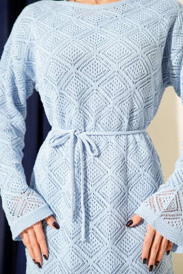 İp Kuşaklı Kare Ajurlu Triko Elbise Bebe Mavi - Elbise