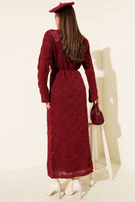 İp Kuşaklı Kare Ajurlu Triko Elbise Bordo - Elbise