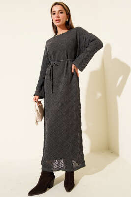 İp Kuşaklı Kare Ajurlu Triko Elbise Füme - RAFİMİX