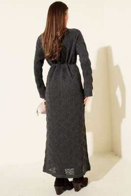 İp Kuşaklı Kare Ajurlu Triko Elbise Füme - Elbise