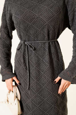 İp Kuşaklı Kare Ajurlu Triko Elbise Füme - Elbise