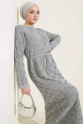 İp Kuşaklı Kare Ajurlu Triko Elbise Gri 