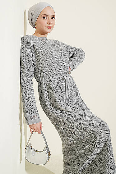 İp Kuşaklı Kare Ajurlu Triko Elbise Gri - Yılın Fırsatı