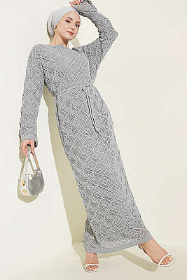 İp Kuşaklı Kare Ajurlu Triko Elbise Gri - Yılın Fırsatı