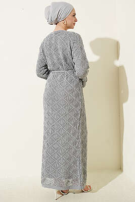 İp Kuşaklı Kare Ajurlu Triko Elbise Gri - Yılın Fırsatı