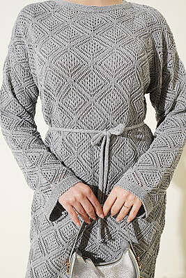 İp Kuşaklı Kare Ajurlu Triko Elbise Gri - Yılın Fırsatı