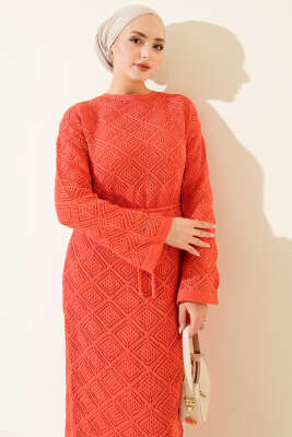 İp Kuşaklı Kare Ajurlu Triko Elbise Gül Kurusu 