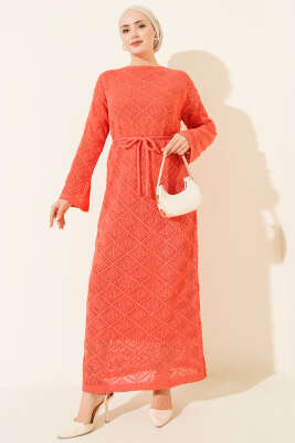 İp Kuşaklı Kare Ajurlu Triko Elbise Gül Kurusu - Elbise