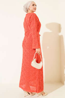 İp Kuşaklı Kare Ajurlu Triko Elbise Gül Kurusu - Elbise