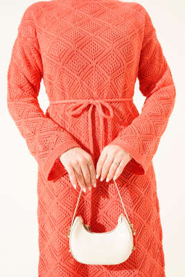 İp Kuşaklı Kare Ajurlu Triko Elbise Gül Kurusu - Elbise