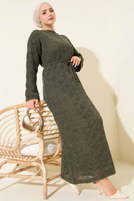 İp Kuşaklı Kare Ajurlu Triko Elbise Haki - RAFİMİX