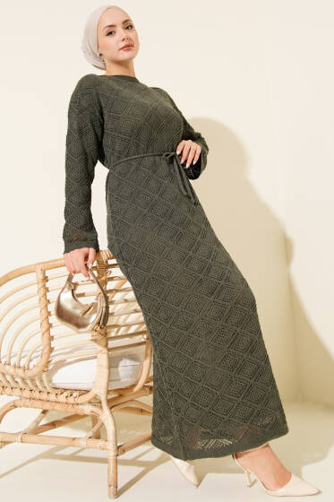 İp Kuşaklı Kare Ajurlu Triko Elbise Haki - Elbise