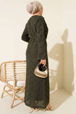 İp Kuşaklı Kare Ajurlu Triko Elbise Haki - Elbise