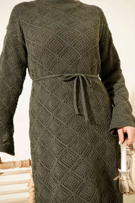 İp Kuşaklı Kare Ajurlu Triko Elbise Haki - Elbise