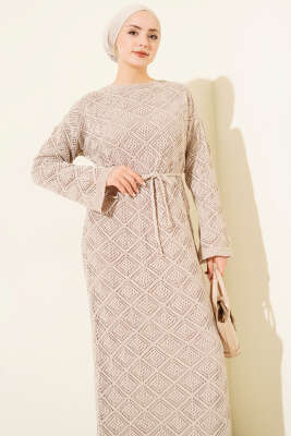 İp Kuşaklı Kare Ajurlu Triko Elbise Kemik - Elbise