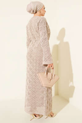 İp Kuşaklı Kare Ajurlu Triko Elbise Kemik - Elbise