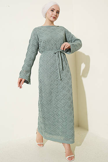 İp Kuşaklı Kare Ajurlu Triko Elbise Mint - Yılın Fırsatı
