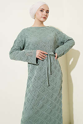 İp Kuşaklı Kare Ajurlu Triko Elbise Mint - Yılın Fırsatı