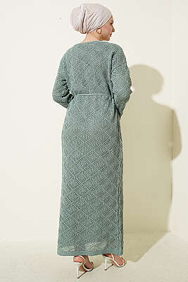 İp Kuşaklı Kare Ajurlu Triko Elbise Mint - Yılın Fırsatı