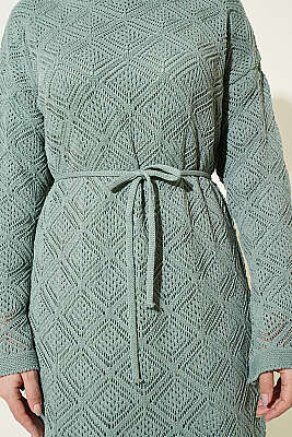 İp Kuşaklı Kare Ajurlu Triko Elbise Mint - Yılın Fırsatı