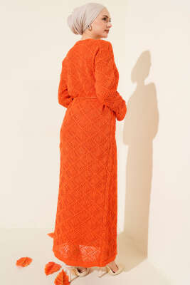 İp Kuşaklı Kare Ajurlu Triko Elbise Oranj - Elbise