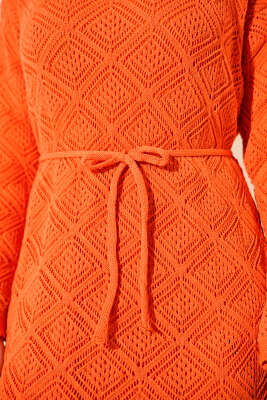 İp Kuşaklı Kare Ajurlu Triko Elbise Oranj - Elbise