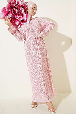 İp Kuşaklı Kare Ajurlu Triko Elbise Pembe 