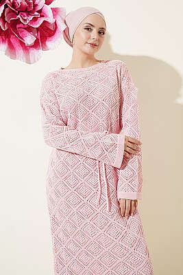 İp Kuşaklı Kare Ajurlu Triko Elbise Pembe - Yılın Fırsatı