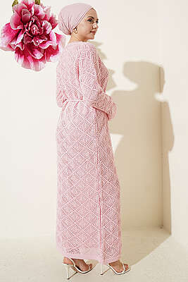 İp Kuşaklı Kare Ajurlu Triko Elbise Pembe - Yılın Fırsatı