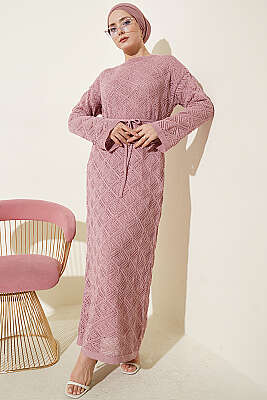 İp Kuşaklı Kare Ajurlu Triko Elbise Pudra - Yılın Fırsatı