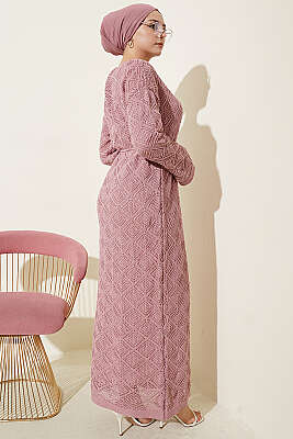 İp Kuşaklı Kare Ajurlu Triko Elbise Pudra - Yılın Fırsatı