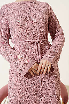 İp Kuşaklı Kare Ajurlu Triko Elbise Pudra - Yılın Fırsatı