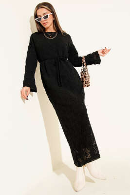 İp Kuşaklı Kare Ajurlu Triko Elbise Siyah - RAFİMİX