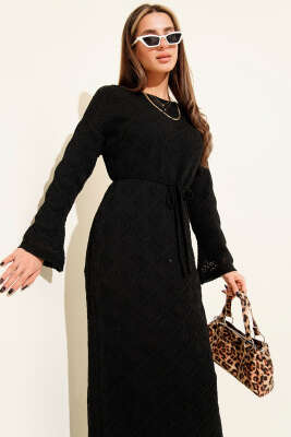 İp Kuşaklı Kare Ajurlu Triko Elbise Siyah - Elbise