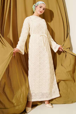 İp Kuşaklı Kare Ajurlu Triko Elbise Taş - RAFİMİX