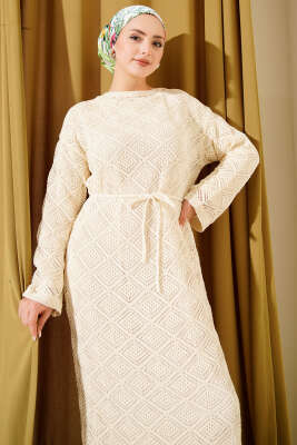 İp Kuşaklı Kare Ajurlu Triko Elbise Taş - Elbise