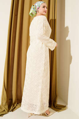 İp Kuşaklı Kare Ajurlu Triko Elbise Taş - Elbise