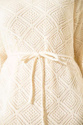 İp Kuşaklı Kare Ajurlu Triko Elbise Taş - Elbise